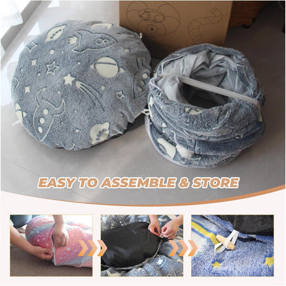 Large Cat Tunnels Bed Tube for Indoor Cats Glows in The Dark Cat Tunnel with Cushion and Plush Ball Toy Longer Playground Toys for Dog Puppy Kitten Rabbit Bunnies Ferret Pet Gray