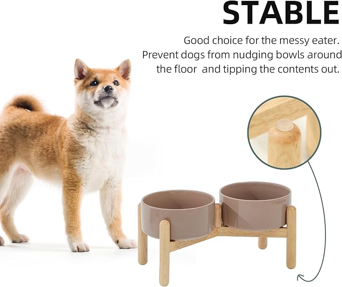 Ceramic 6.1inch Raised Dog Bowl with Stand for Small and Medium Breed Dog Dish Pet Food and Water Bowl (Double Bowl with Stand - Brown Coffee, 28oz)