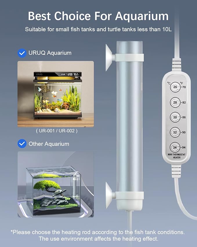 Small Aquarium Fish Tank Heater: URUQ 25W Submersible Aquarium Heater Adjustable Temperature Ultra-Low Water Level for Betta Fish Starter Kit - Under 5 Gallon Mini Aquarium