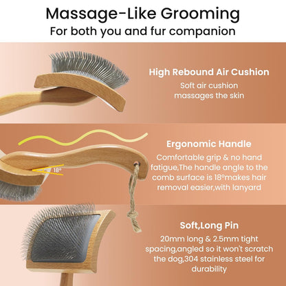 Dog Slicker Brush for Shedding,Dog Brush for Long Haired Dogs & Remove Tangles & Mats,Ergonomic Handle Grooming Like Professional,Beech Wood,L