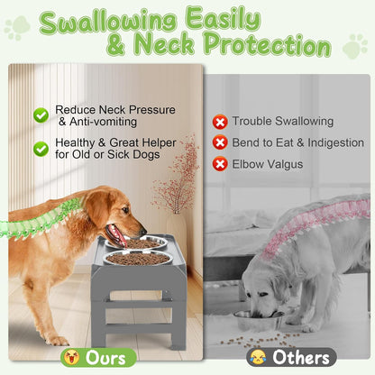 Elevated Raised Dog Bowl Stand with 2 Stainless Steel Bowls, Adjustable Height for Medium Large Dogs, 12.36" - 3.7" Foldable Feeder, Grey