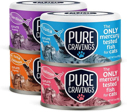 Pure Cravings Wet Cat Food Variety Pack Tuna, Salmon, Sardines, Tuna/Salmon in Gravy, 100% Mercury-Tested, Moist Can Fish for Cats, Grain-Free, Protein, Non-GMO, Pack of 12