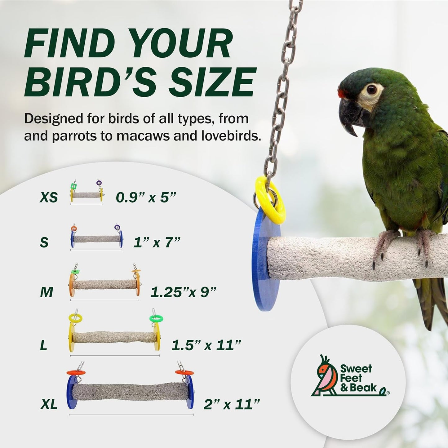 Sweet Feet and Beak Roll Bird Swing - Perch Bird Toys Trims Nails and Beaks, Safe and Non-Toxic Bird Cage Accessories for Small and Large Birds, Swinging Toys Birds Will Love, XL 11 Inches