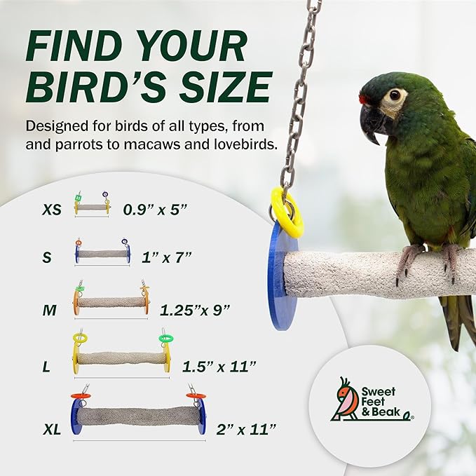 Sweet Feet and Beak Roll Bird Swing - Perch Bird Toys Trims Nails and Beaks, Safe and Non-Toxic Bird Cage Accessories for Small and Large Birds, Swinging Toys Birds Will Love, XL 11 Inches