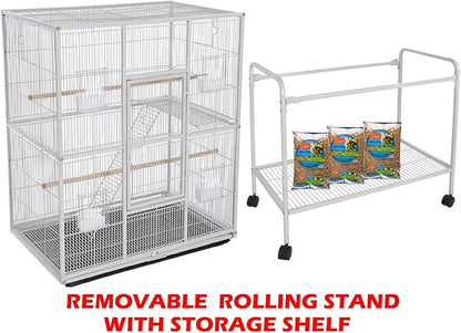 Extra Large Tall Wrought Iron Tight Bar Spacing Breeding Flight Canary Parakeet Cockatiel Lovebird Finch Metal Cage Side Nesting Box Doors with Removable Rolling Stand