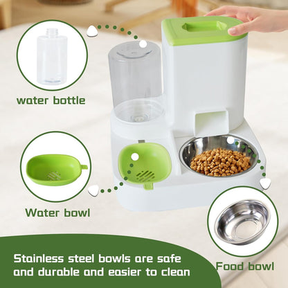 Automatic Cat Food and Water Dispenser Set 2 in 1,All-in-One Gravity Pet Feeder with Stainless Steel Cat Food Bowl Travel Auto Supply Feeder and Water Dispenser for Small Medium Cats Dogs (Green)