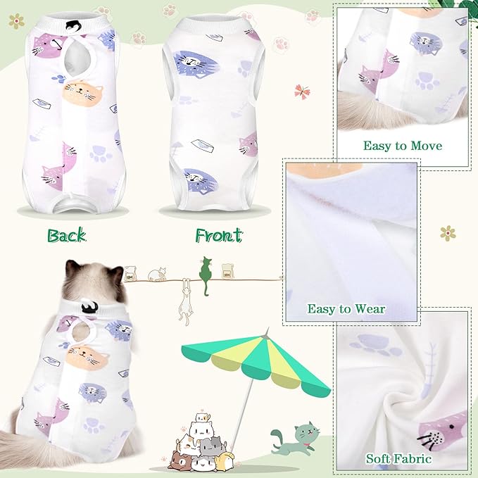 Nuanchu 3 Pieces Cat Recovery Suit Kitten Recovery Suit E-Collar Alternative for Cats and Dogs Abdominal Skin Anti Licking Pajama Clothes Sets(Large,Cute Style,Colorful)
