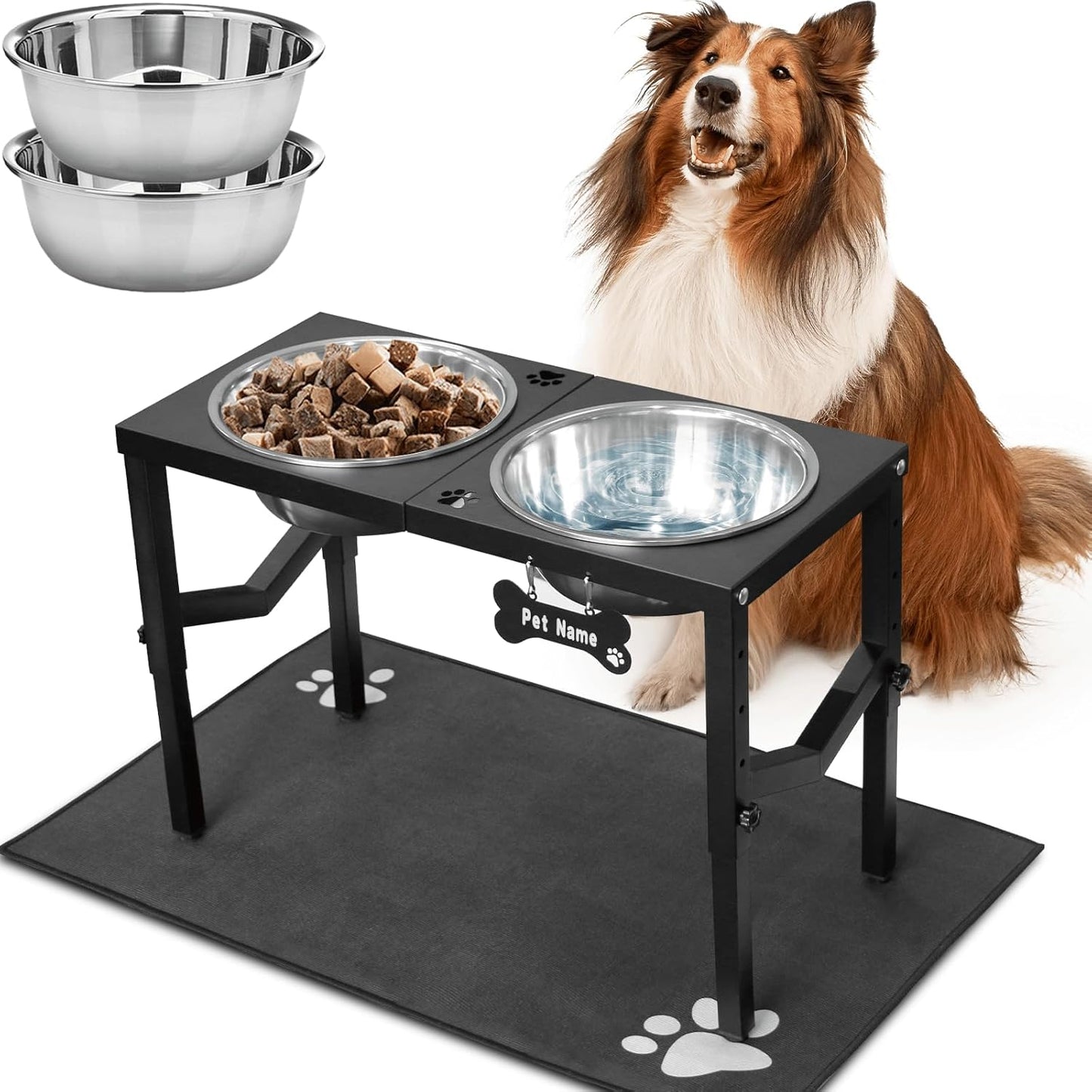 Elevated Dog Bowls, 4 Height Adjustable Metal Raised Bowl Stand with 2 Large 111 oz Stainless Steel Food Bowls & Spill-Proof Mat, Adjusts to 16.2'', 14.4'', 12.6'', 10.8'' for Large/Extra Large Breeds