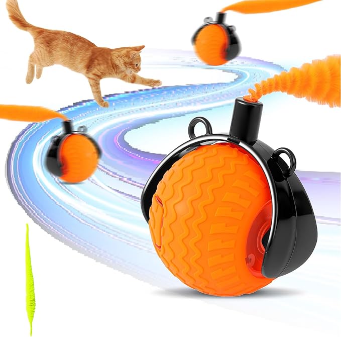 Interactive Cat Toys Indoor,Automatic Moving Pet Cats Ball,Chaseing Hunting Toy for Kitten, Cat Mouse Tail Toy,3 Stimulating Modes and USB Recharge(2 Tails) Orange