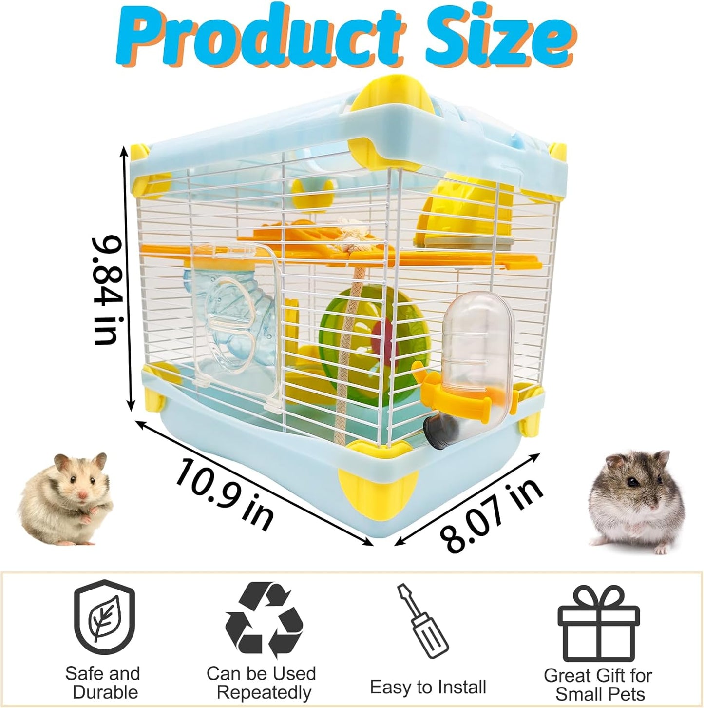 Hamiledyi Portable Hamster Cage 2 Layers Dwarf Hamster Habitat Small Animal Travel Cage with Exercise Wheel Hamster Enclosure Mouse Cage for Hamsters Mice Gerbils or Other Tiny Pets