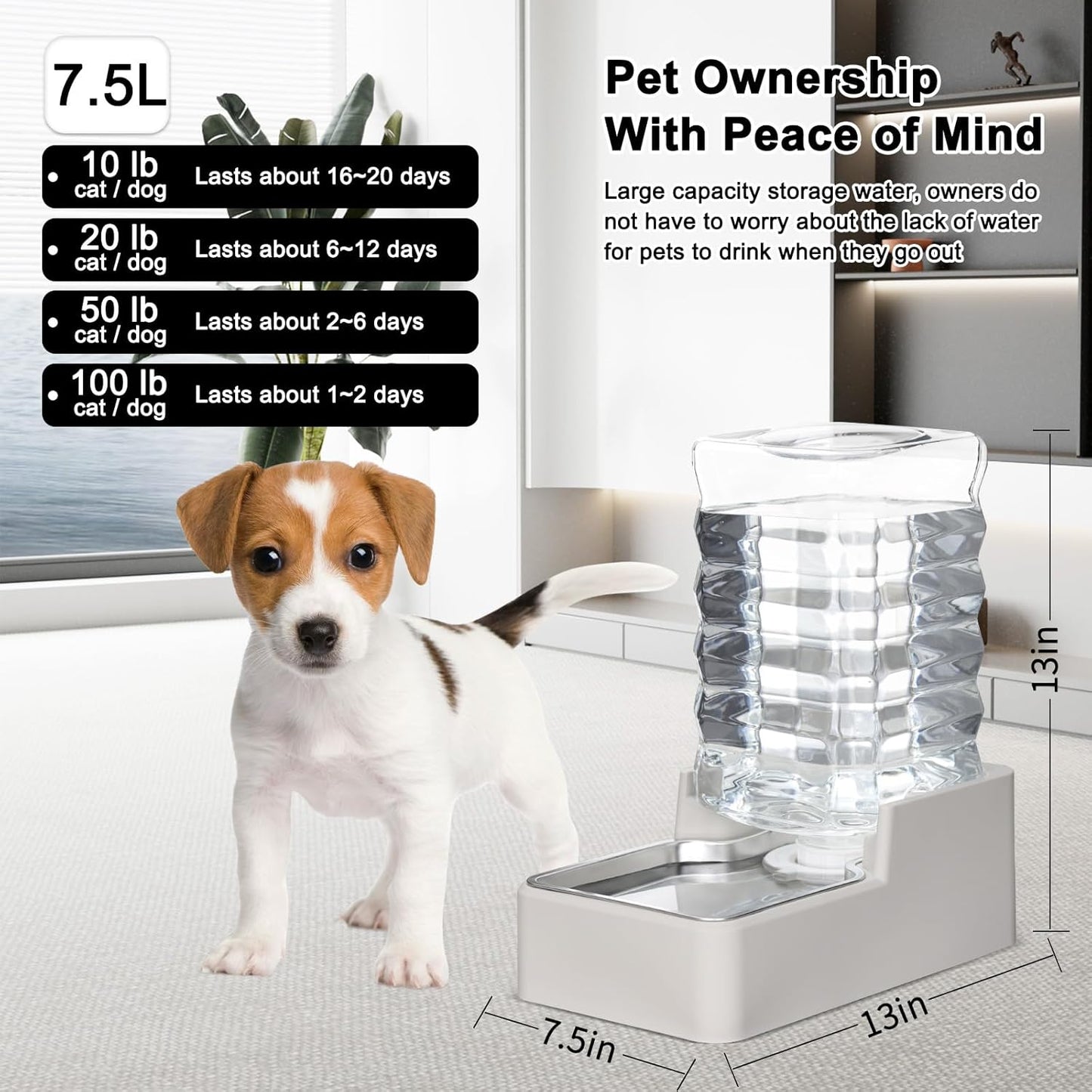 RIZZARI Stainless Steel Pet Water Feeder: 7.5L Automatic Leak-Proof Gravity Dispenser for Senior Dogs with Spine Problems - with Filter - Living Room Bedroom Use