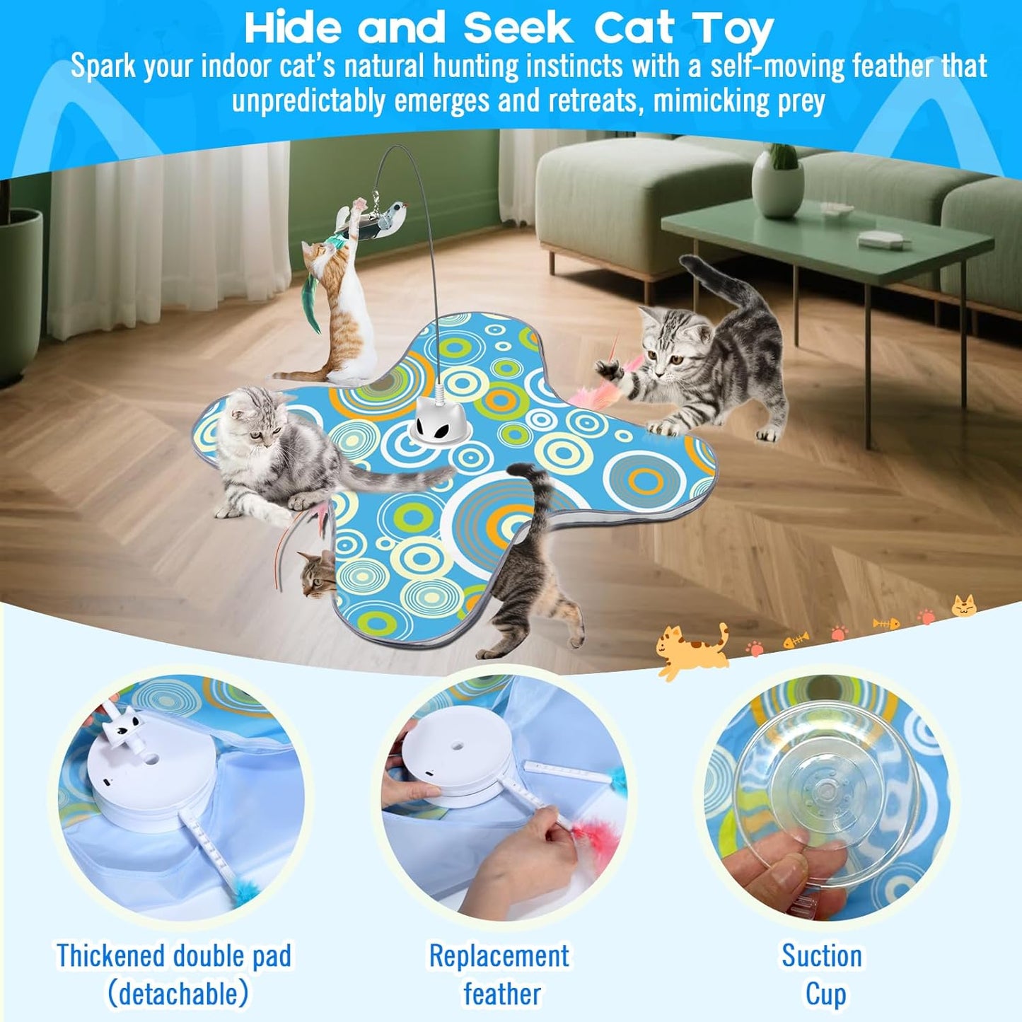 VIWIK Hide and Seek Toys for Indoor Adult Cats with Suction Cup & Cover, Interactive Automatic Moving Concealed Feather Kitten Wand Bird Toy, Cat Enrichment Toys for All Breeds Blue