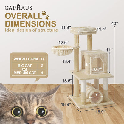 CAPHAUS Cat Tower for Indoor Cats, Modern Cute 40-Inch Small Cat Tree with Widened Perch for Large Cats Kittens, Multi-Level Cat Activity Tree with Scratching Posts, Tunnel, Basket, Cat Cave Condo