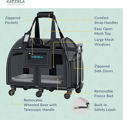 Katziela Rolling Pet Carrier Airline Approved - Pet Carrier with Wheels - Luxury Lorry - Deluxe TSA Approved Cat Carrier with 6 Wheels - Small Airline Approved Dog Carrier Trolley - Plane Carry On Bag