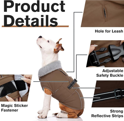 Lelepet Warm Dog Coats for Large Dogs Waterproof Dog Jacket Reflective Pet Fleece Vest Windproof Cold Weather Coats with Adjustable Buckle & Leash Hole, Brown, L