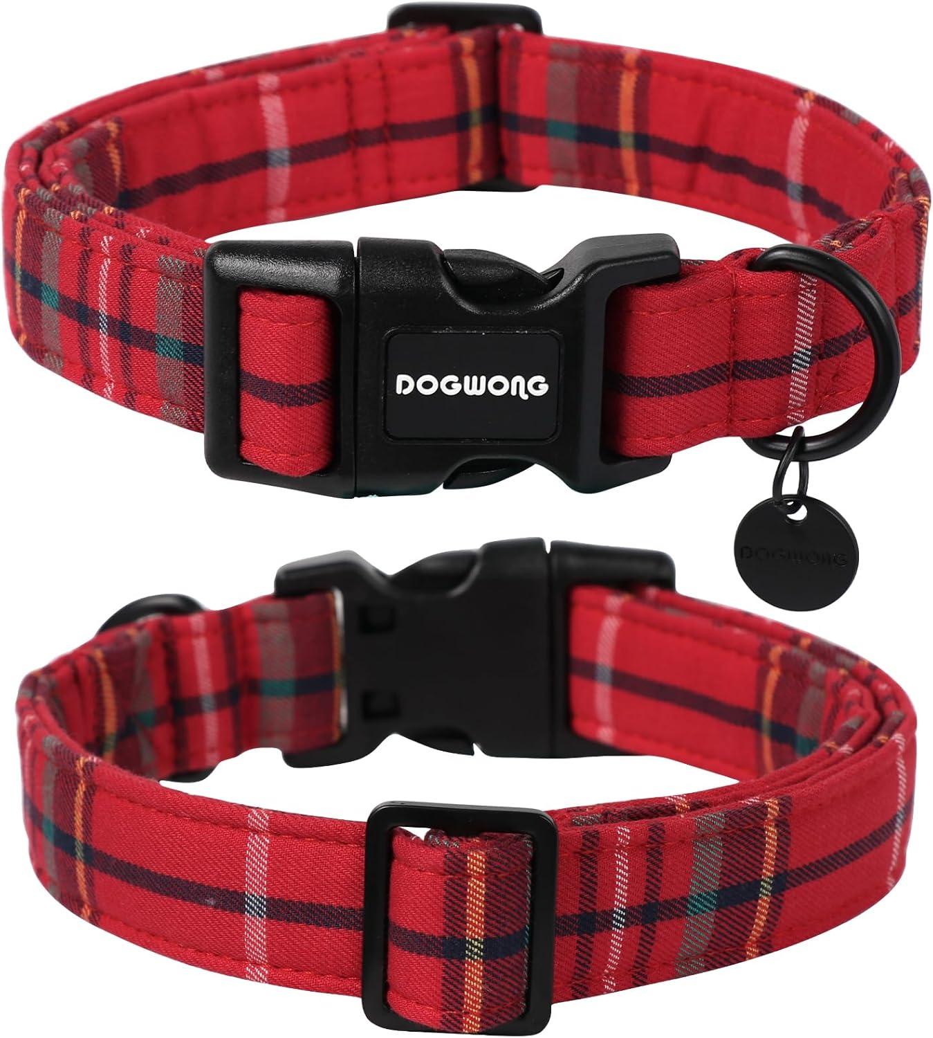 DOGWONG Christmas Cotton Dog Collar, Heavy-Duty Red Plaid Dog Collar Durable Soft Fabric Pet Dog Collars Cute Christmas Red Grid Puppy Necklace for Small Dogs