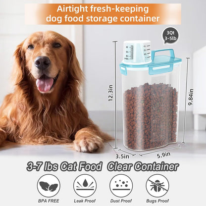 3-5Lbs/3Qt Dog Cat Food Storage Container With foldable bowl. Plastic Pet Food Dispenser for Small Animal Kibble/Pet Food/Bird Seed/Oatmeal/Rice/Flour/Brown Sugart/Cereals (Clear Bule)