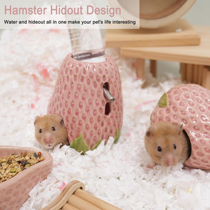Hamster Water Bottle, Strawberry Ceramic Hamster Gerbil Water Bottle for Glass Tank, Dispenser, 80ML Bottle for Water Holder Stand with 2 No Drip Caps for Syrian Mice, Gerbil（Pink
