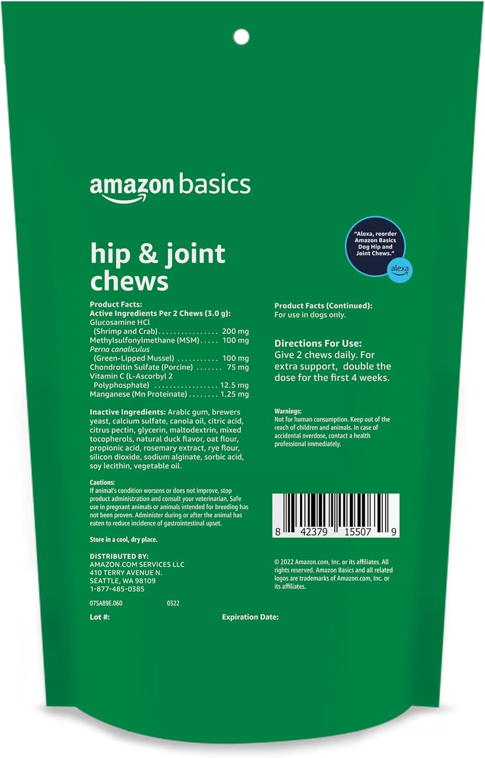 Amazon Basics Dog Hip & Joint Daily Supplement Chews with Glucosamine, MSM, and Vitamin C, Duck Flavored, 60 Count (Previously Solimo)