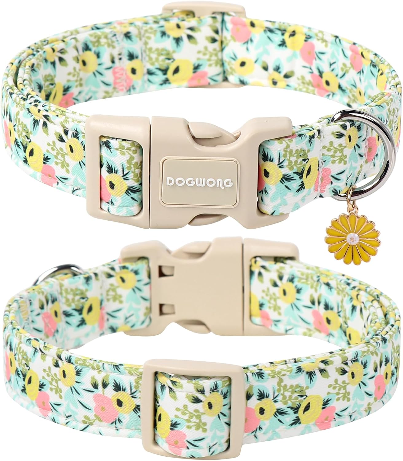 DOGWONG Flower Cotton Dog Collar, Spring Summer Cute Yellow Dog Collar Durable Soft Fabric Pet Dog Collars Female Girl Necklace for Small Medium Large Dogs