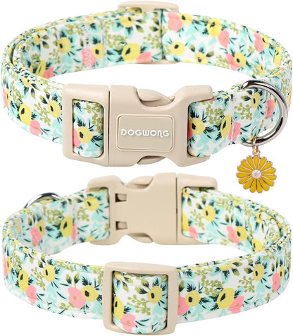DOGWONG Flower Cotton Dog Collar, Spring Summer Cute Yellow Dog Collar Durable Soft Fabric Pet Dog Collars Female Girl Necklace for Small Medium Large Dogs
