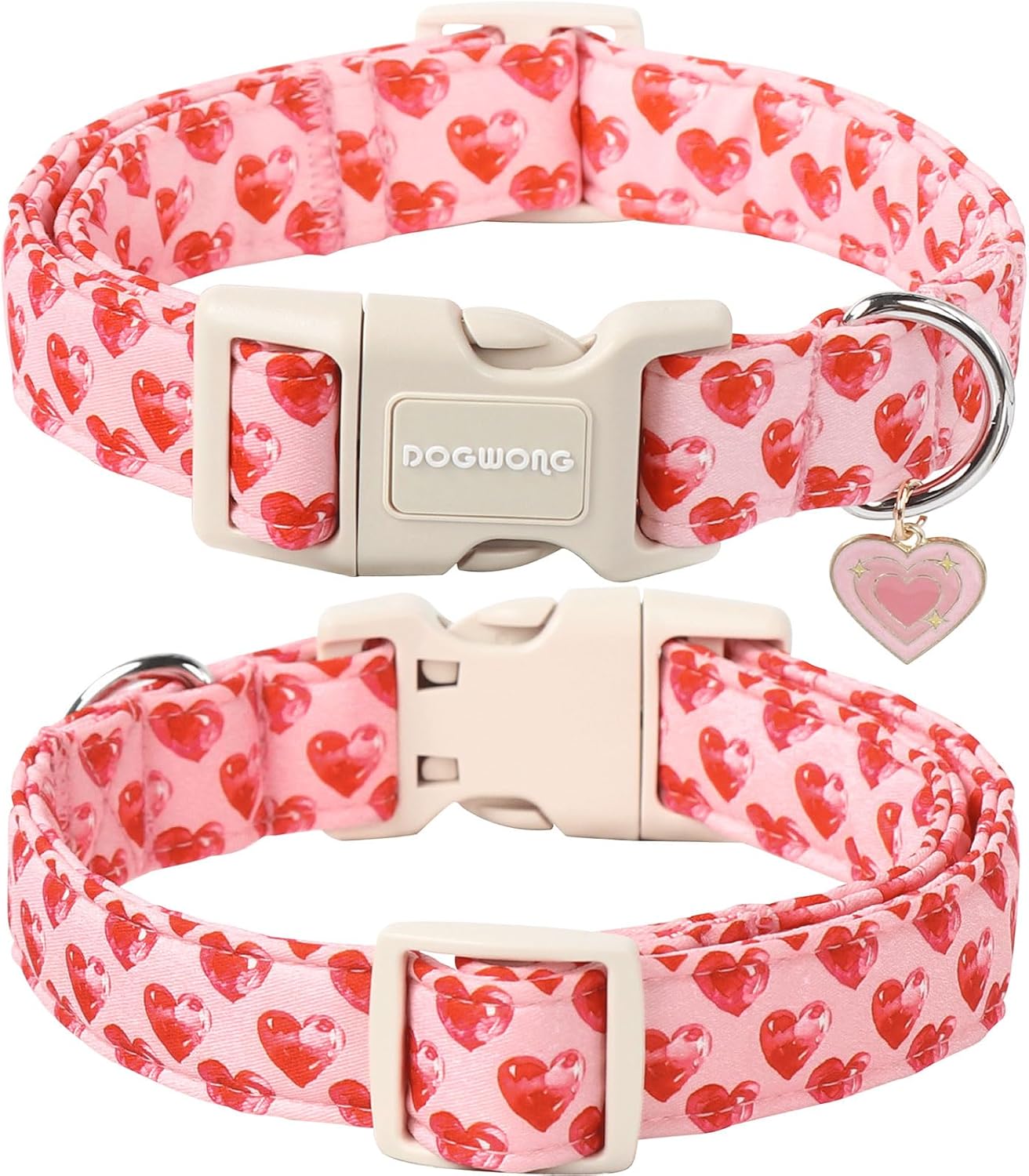 DOGWONG Valentine Dog Collar- Cute Pink Heart Dog Collars Adjustable Durable Designer Valentine’s Day Dog Collar for Small Medium Large Dogs XS