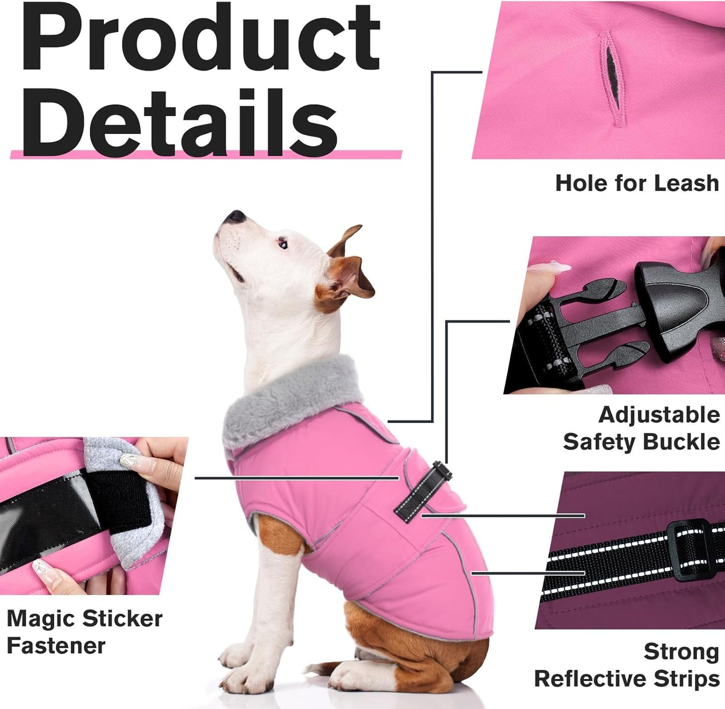 Lelepet Warm Dog Coats for Medium Dogs Waterproof Dog Winter Jacket Reflective Pet Fleece Vest Windproof Cold Weather Coats with Adjustable Buckle & Leash Hole, Pink, M