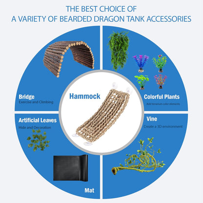 HERCOCCI Bearded Dragon Tank Accessories, Reptile Mat Bridge Hammock Flexible - Jungle Climbing Vines and Leaves with Suction Cups Habitat Décor for Hiding& Climbing Snake Gecko Lizard Chameleon