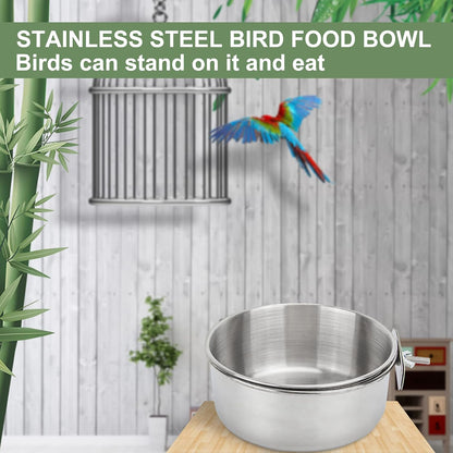 Bird Feeding Dish Cups 3 Pack Parrot Food Bowl Cage with Clamp Holder Stainless Steel Birdcage Coop Water Feeder for Cockatiel Conure Budgies Parakeet Macaw Finches Lovebirds Small Animal (S+M+L)