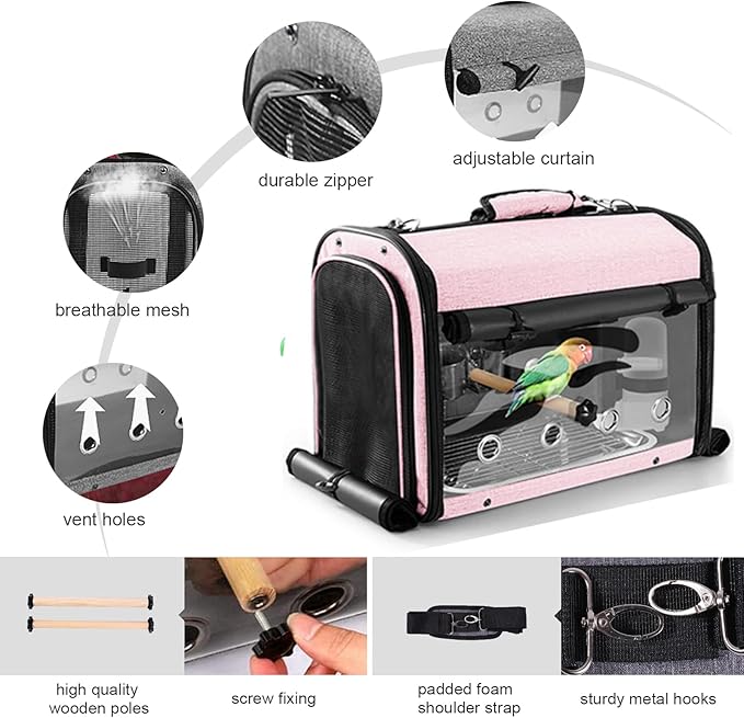 Sanmoncare Bird Carrier Bag Cockatiel Travel Cage with Stand, Lightweight Travel Carrier for Small Bird, Portable Parrot Travel Bag, Pet Transparent Travel Backpack