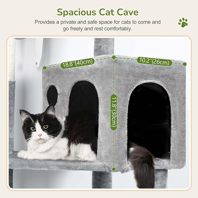 Globlazer Cat Tree Tower with Scratching Post for Indoor Cats, 53inch Tall Plush Multi-Level Cat Climbing Tower Condo House with Large Hammock, Spacious Cat Cave, Padded Top Perch Bed, F53, Light Gray