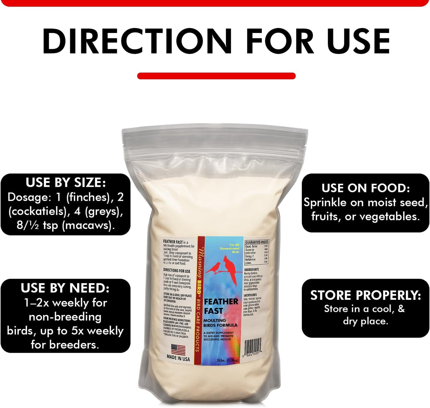 Morning Bird Feather Fast 3 lbs – Multi-Vitamin During Molt - Molting Support Supplement for Bird – Amino Acid & Vitamin Powder Formula– Promotes Feather Growth, and Full Plumage – for All Adult Birds