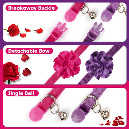 azuza 2 Pack Cat Collar Floral with Bell and Removable Flower Bowtie Breakaway Adjustable Velvet Fabric Cat Collar for Pets and Daily Decoration，Hot Pink & Purple
