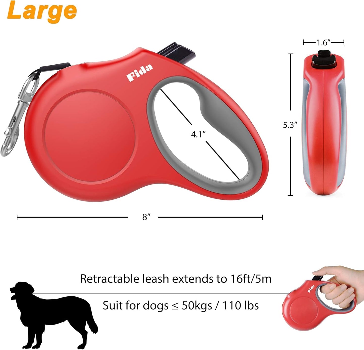 Fida Retractable Dog Leash for Large Breed up to 110 lbs, 16 ft Heavy Duty Pet Walking Leash with Dispenser and Poop Bags, Anti-Slip Handle, Reflective Strong Nylon Tape (L, Red)