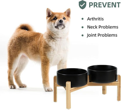 Ceramic Raised Double Bowls Set with Stand, Food & Water Bowls for Medium Breed Dogs, Weighted Dog Dishes, Pet Bowl(7.3'',41OZ, Black)