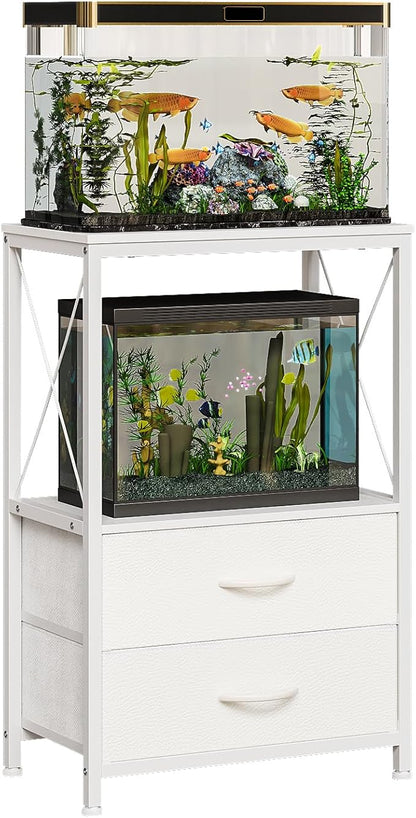 Fish Tank Stand 10 Gallon with 2-Tier Shelf, Aquarium Stand with 2 Drawers, Metal Frame Heavy Duty Reptile/Turtle Tank Stand for Home Office, Fish Tanks Accessories Storage, White