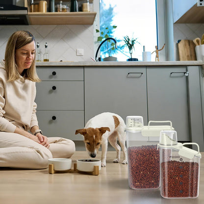 Dog Food Storage Container, Upgraded Large Nozzle BPA-free, 3-5 LBS Plastic Pet Food Storage Containers, With 4 Sealed Clasps, 1 Measuring Cup and Handle (Beige-A)