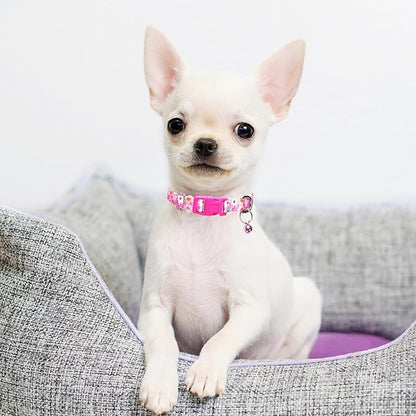 Pink Floral Small Dog Collar with Bell, Pretty Cute Flower Cat Collar Girl Puppy Collars with Bells for XS Small Tiny Pet Female Dogs Kitten Little Animal, S