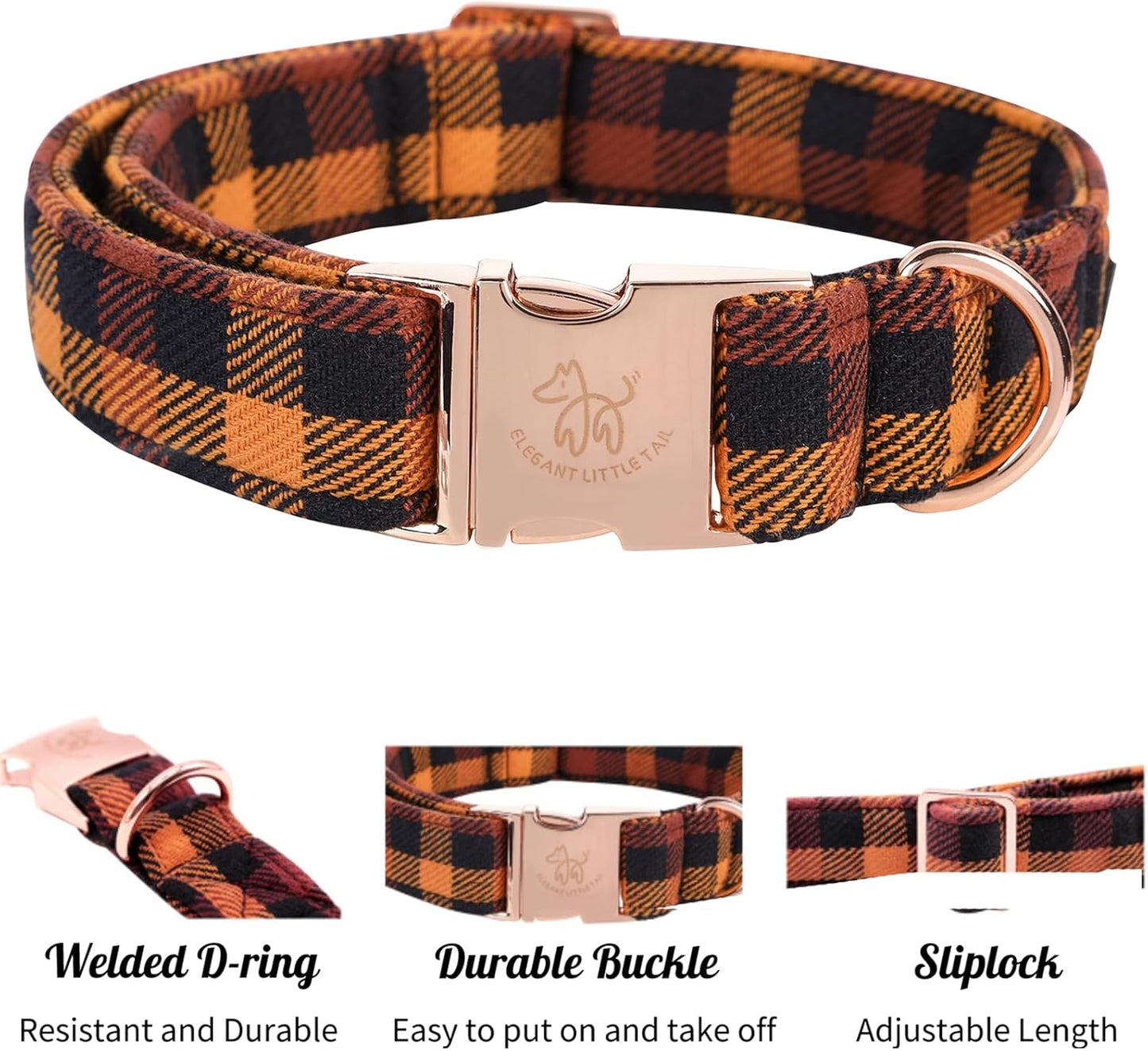 Elegant little tail Fall Dog Collar, Autumn Pet Collar Durable Yellow Plaid Dog Collars Male or Female Holiday Pet Gift Adjustable Dog Collar for Large Dogs