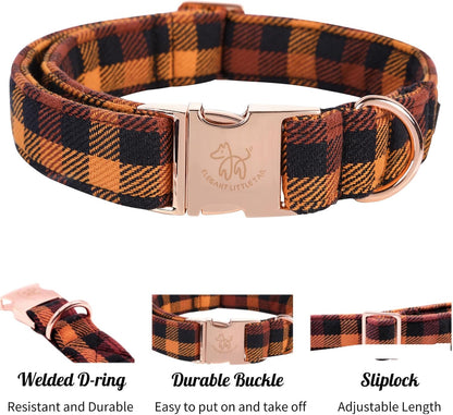 Elegant little tail Fall Dog Collar, Autumn Pet Collar Durable Yellow Plaid Dog Collars Male or Female Holiday Pet Gift Adjustable Dog Collar for Large Dogs