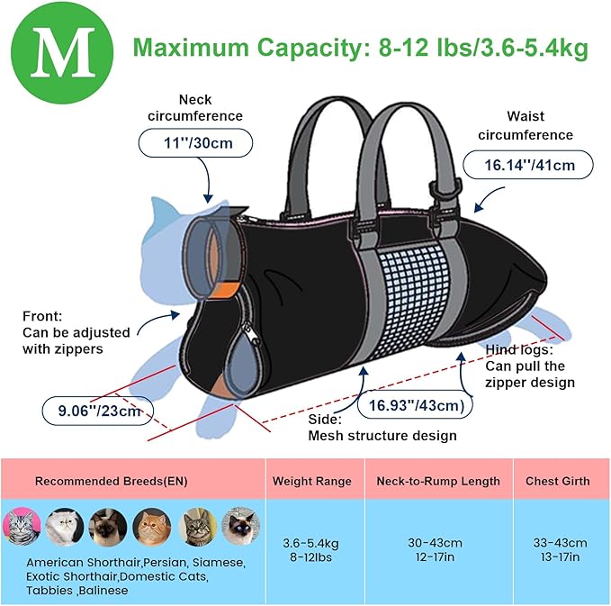 Cinf Cat Nail Clipping Cleaning Grooming Restraint Bag No Scratching Biting for Bathing Nail Trimming Injecting Examining(Black,M)