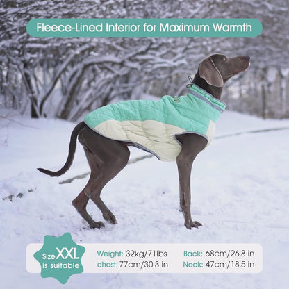 FUAMEY Dog Coat for Large Dogs,Waterproof Dog Winter Jacket with Harness Built in Puppy Cold Weather Coats Reflective Pet Vest with Zipper Warm Fleece Dogs Snowsuit Windproof Mint Green XXL