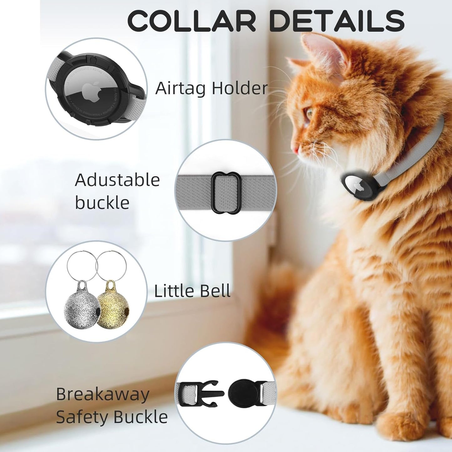 AirTag Cat Collars, Stretchy Collar with Apple AirTag Holder and Bell, Breakaway Ultra Design Elastic GPS Tracking Collars for Cats and Puppies, (7.5-12.5 Inch), Gray