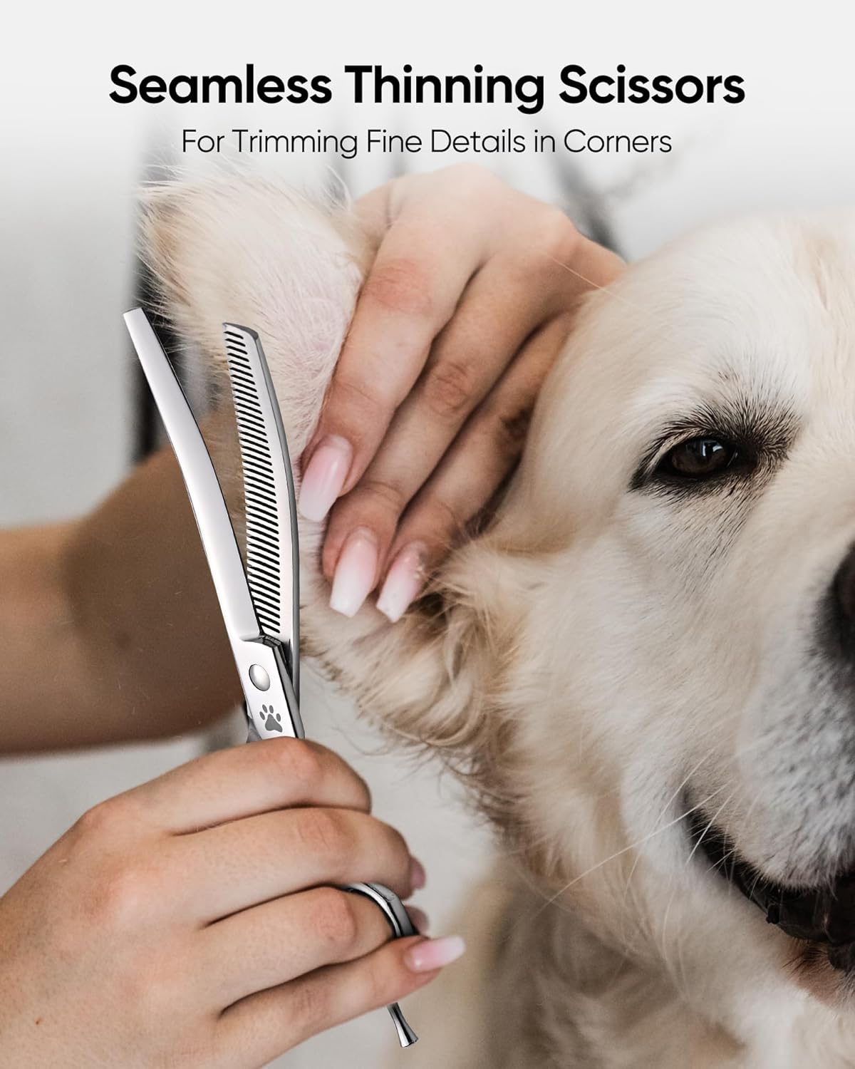 ULG Dog Grooming Scissors 40-Tooth 7.5” Curved Thinning Scissors Seamless 15%-20% Thinning Rate 440C Japanese Stainless Steel Tension Adjustable Left & Right Handed Pet Grooming Shears