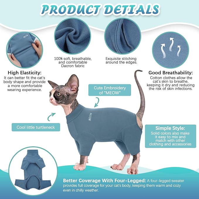 ROZKITCH Cat Jumper, Breathable Soft Jumpers for Sphynx Only, Coat with Four Legs, Warm Sweater T-Shirt Pajamas Jumpsuit Vest Cornish Rex, Devon Rex, Peterbald Blue 2XL