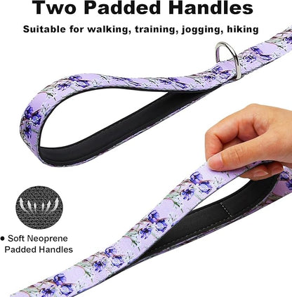 Double Handle Dog Leash 4ft with 2 Padded Handles, Cute Purple Dog Leash with Soft Dual Handle, Walking Training Lead for Small Medium Large Dogs, Lavender Lily