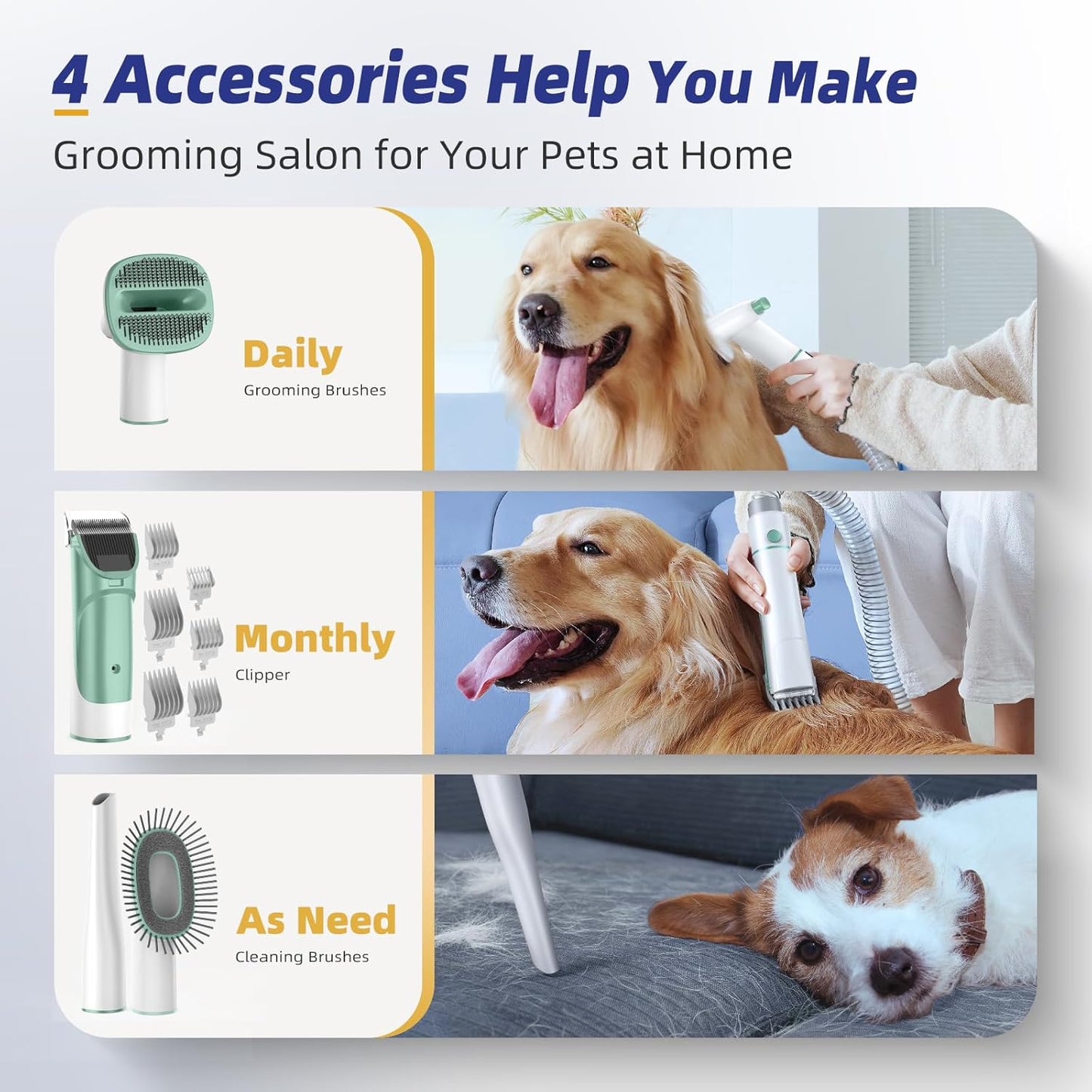 Dog Grooming Kit with Vacuum, All-in-One Pet Grooming Vacuum for Dogs and Cats, Low Noise Pet Hair Clipper & Shedding Brush, Dog Hair Remover, Cat Pet Groomer Set with Cleaning Brushes, Green