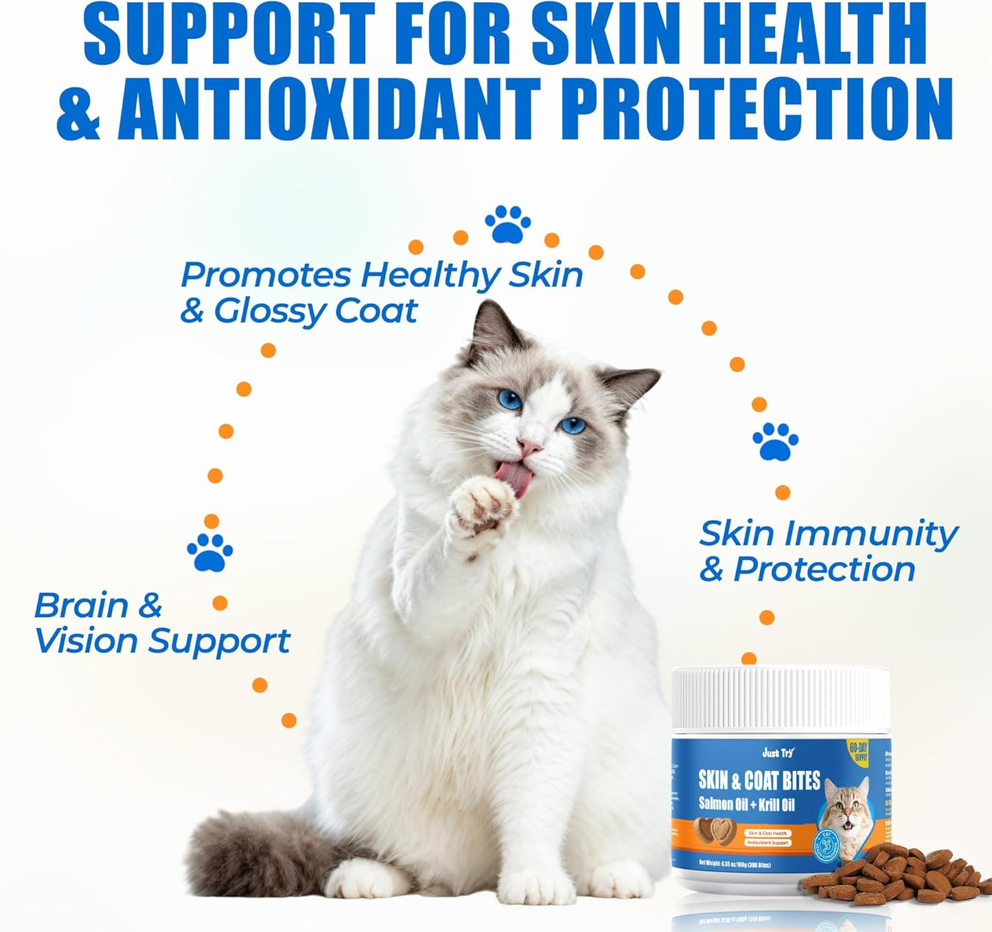 Just Try 300 Bites Skin and Coat Bites Omega 3 for Cats Salmon Oil - Supports Healthy Skin, cat Itchy Skin Relief - Health Supplements Vitamins for Indoor Cats - 6.35 oz