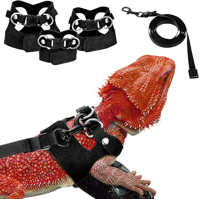 3 Pcs Escape Proof Bearded Dragon Harnesses and Leash Set, 3 Sizes Adjustable Soft Leather Lizard Leash Harness Small Animal Walking Vest for Squirrel Rat Bearded Dragon Lizard Small Reptiles