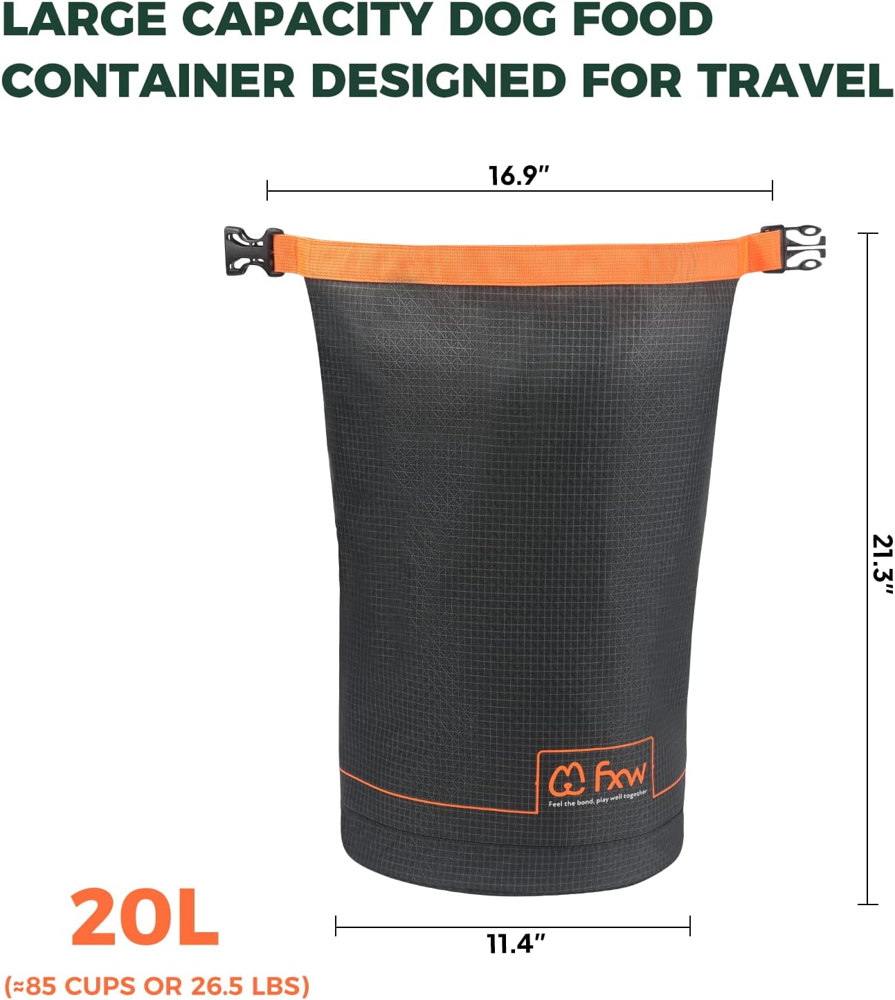 FXW Dog Food Travel Bag，Large Capacity for Travel Kibble Storage Perfect for RV Road Trips, Camping, Longterm Dog Boarding Gear Accessories Gray, 85 Cups